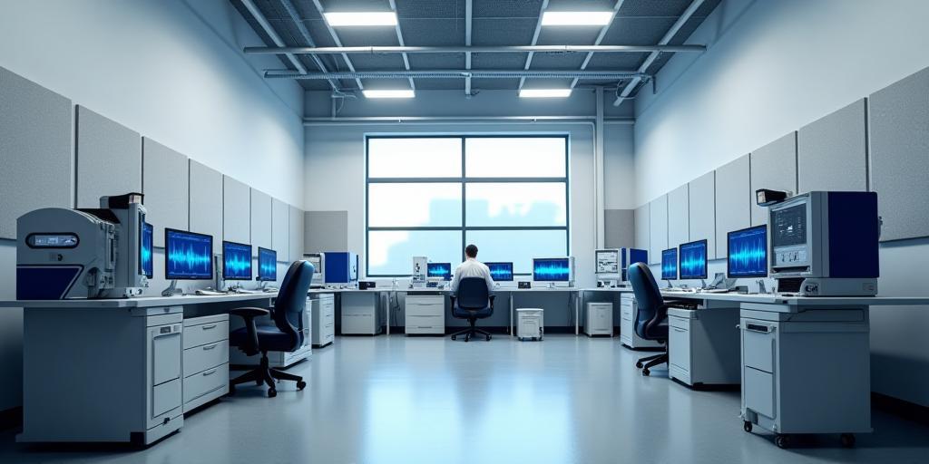 Acoustic testing laboratory with sound absorption panels